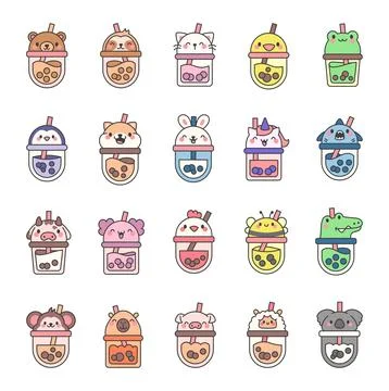 Matcha bubble tea with animal faces. Stock Illustration