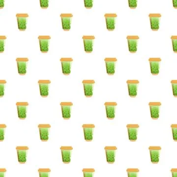 Matcha bubble tea takeout cups seamless pattern Stock Illustration