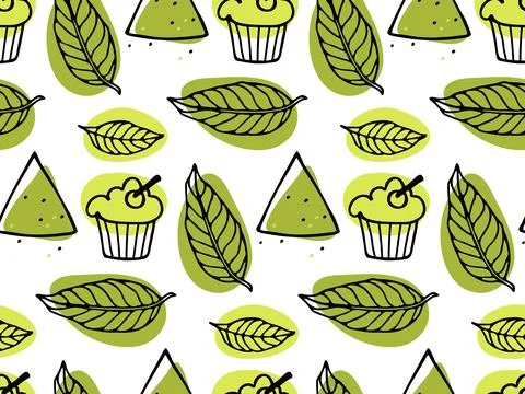 Matcha cake seamless pattern. Matcha muffin, tea leaves, Green powder poured Stock Illustration