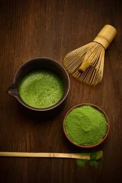 Matcha Essentials. A serene setup of matcha tea Stock Photos
