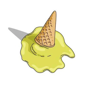 Matcha-flavored ice cream cone, spilled and melting. Food illustration isolated  Stock Illustration