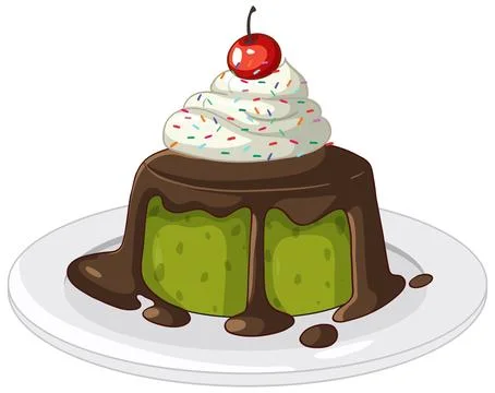 Matcha Green Tea Cake with Chocolate Glaze and Whipped Cream Stock Illustration