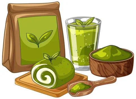 Matcha Green Tea Dessert Set with Swiss Roll and Powder Stock Illustration