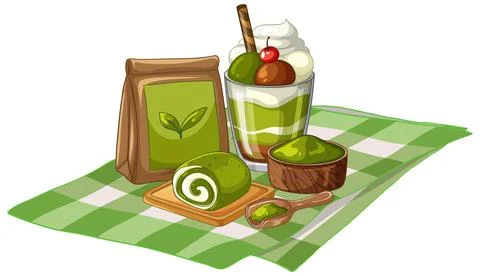 Matcha Green Tea Dessert Set with Parfait and Swiss Roll Stock Illustration