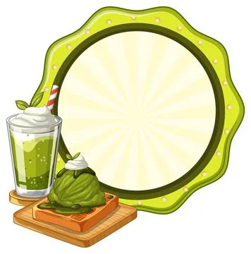 Matcha Green Tea Dessert Set with Waffle and Blank Circular Frame Stock Illustration