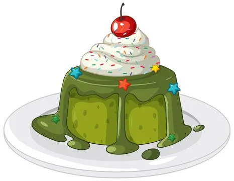 Matcha Green Tea Lava Cake with Whipped Cream and Cherry Stock Illustration