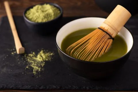 Matcha green tea making process Stock Photos