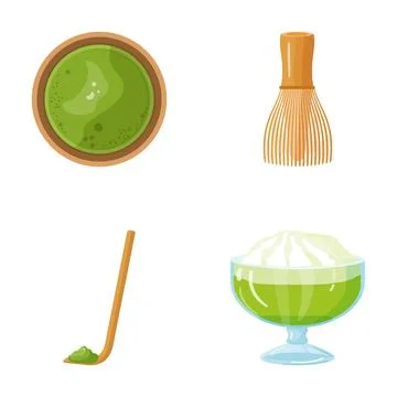 Matcha green tea preparation tools and dessert Stock Illustration