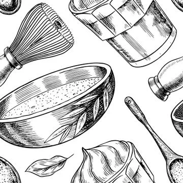 Matcha green tea seamless pattern. Vintage background poster. Organic powder Stock Illustration