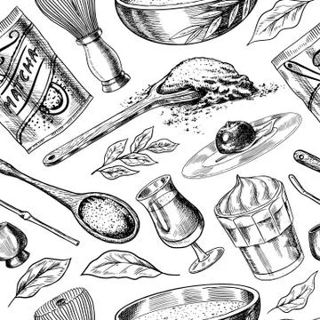 Matcha green tea seamless pattern. Vintage background poster. Organic powder Stock Illustration