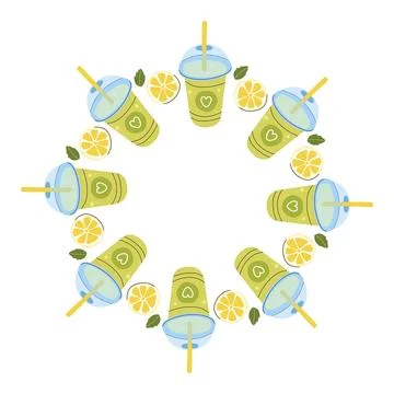 Matcha green tea smoothie frame round circle border with lemon slices and min Stock Illustration