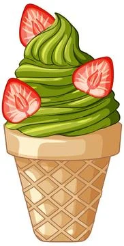 Matcha Green Tea Soft Serve Ice Cream with Fresh Strawberry Slices Stock Illustration