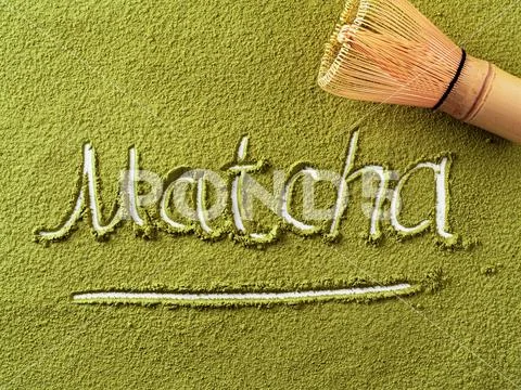 Matcha letters over green matcha tea powder Stock Photos