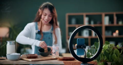 Matcha, live stream and ring light with woman in home for green tea tutorial Vídeos de archivo 336303492