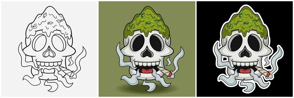 Matcha Powder Inside Skull Head With Smoking Character Cartoon. Black White.. Stock Illustration