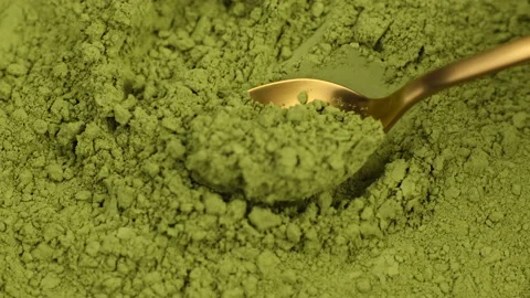 Matcha powder scooping with spoon closeup. Premium matcha green tea powder Video stock 335354546