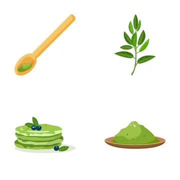 Matcha powder, tea leaf, pancakes, and spoon collection Stock Illustration