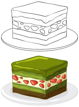 Matcha Strawberry Layer Cake Vector Illustration and Line Art Set 스톡 일러스트