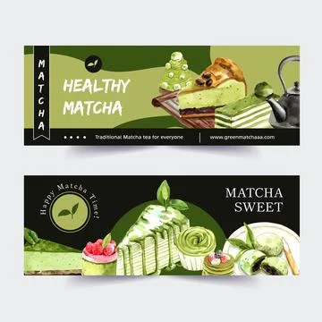 Matcha sweet banner design with cupcake, cheesecake, crepe cake  watercolor i Stock Illustration
