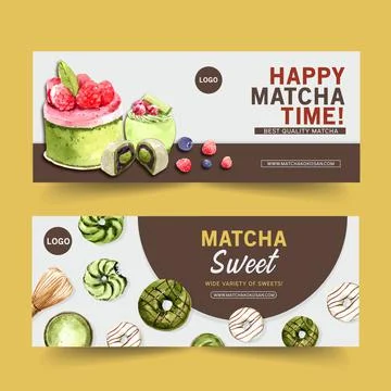 Matcha sweet banner design with raspberry, cake, donut  watercolor illustrati Stock Illustration
