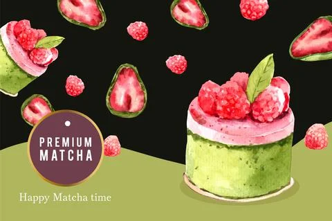 Matcha sweet frame design with cake, strawberries watercolor illustration. Stock Illustration
