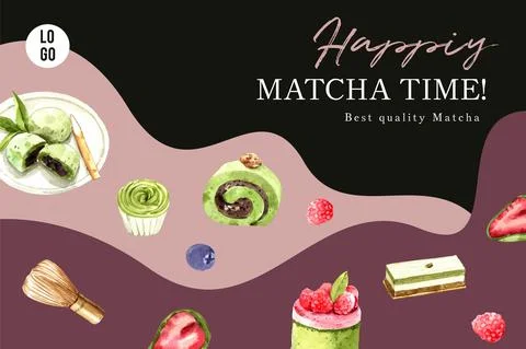 Matcha sweet frame design with cake roll, chasen whisk watercolor illustratio Stock Illustration