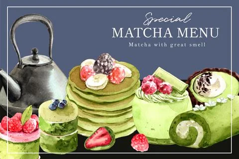 Matcha sweet frame design with kettle, pancake watercolor illustration. Stock Illustration
