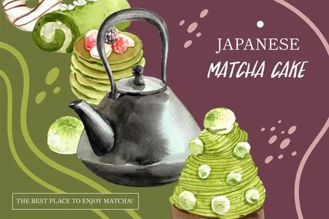Matcha sweet frame design with pancake, kettle, donut watercolor illustration Stock Illustration