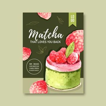 Matcha sweet poster design with raspberry, cheesecake, leaf  watercolor illus Stock Illustration