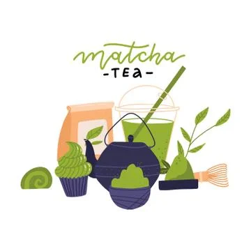 Matcha tea ceremony elements - side view. Japanese green tea ceremony, matcha Stock Illustration