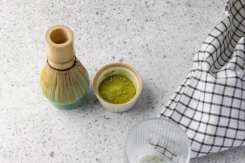 Matcha tea ceremony set is ready for preparing a traditional japanese beverag Stock Photos