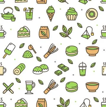Matcha Tea Color Thin Line Sign Seamless Pattern Background on a White. Vector Stock Illustration