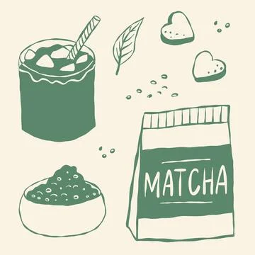 Matcha tea delights in simple, handdrawn charm Illustrazione stock