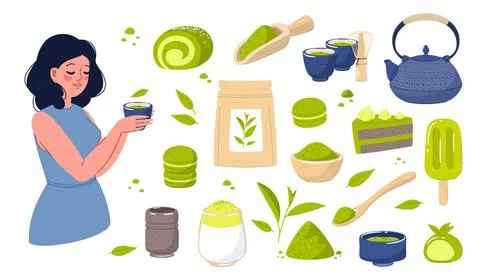 Matcha tea elements. Delicious green desserts and ice-cream, cute woman holds Stock Illustration