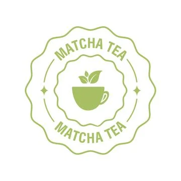 Matcha tea label or stamp with of a cup and tea leaves. Vector illustration Stock Illustration