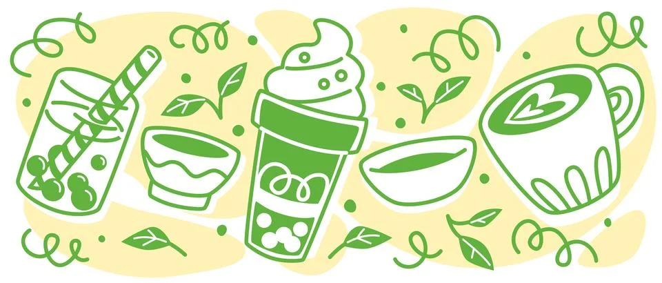 Matcha tea pattern with cups and leaves on yellow イラスト素材