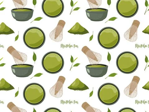 Matcha Tea seamless pattern. Cooking of Traditional japanese healthy drink Illustrazione stock