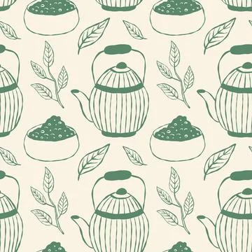 Matcha tea seamless pattern with teapot and powder. Green tea ceremony. Stock Illustration