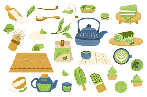 Matcha tea set with cute cartoon elements in flat design. Bundle of matcha Stock Illustration