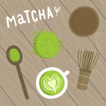 Matcha tea set on the wooden background. Stock Illustration