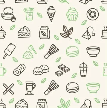 Matcha Tea Sign Seamless Pattern Background on a White. Vector 스톡 일러스트