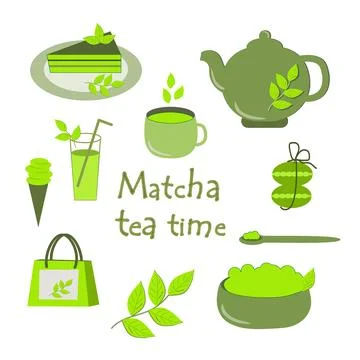 Matcha. Tea time. A green set that uses matcha, as well as drinks, pastries Illustrazione stock
