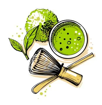 Matcha tea top view on white background Illustrazione stock