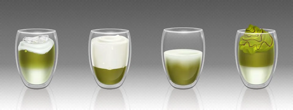 Matcha tea variations in double wall glass cups Stock Illustration