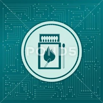 Matchbox and matches icon on a green background, with arrows in different dir Stock Illustration