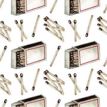 Matchbox pattern and scattering of matches watercolor Illustrazione stock