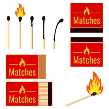 Matches flat design set Vector illustrations burning matchstick on fire, burn Stock Illustration