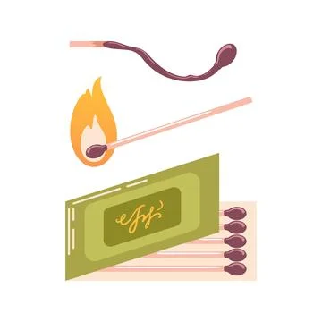 Matches. Set of vector illustrations burning match with fire, open matchbox Stock Illustration