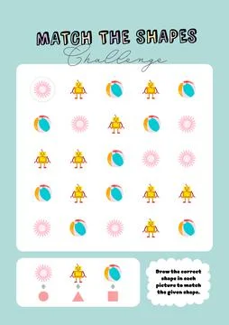 Matching educational game, geometric shapes Printable educational worksheet Stock Illustration
