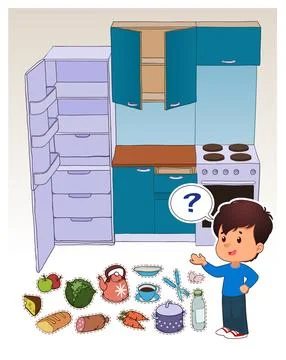 Matching game for children. Place an object in the kitchen cartoon vecto Stock Illustration